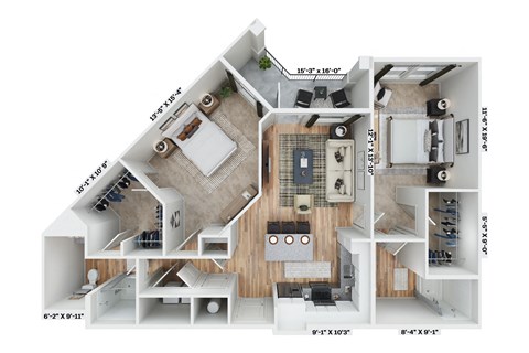 a 3d floor plan of a home with a bedroom and a living room